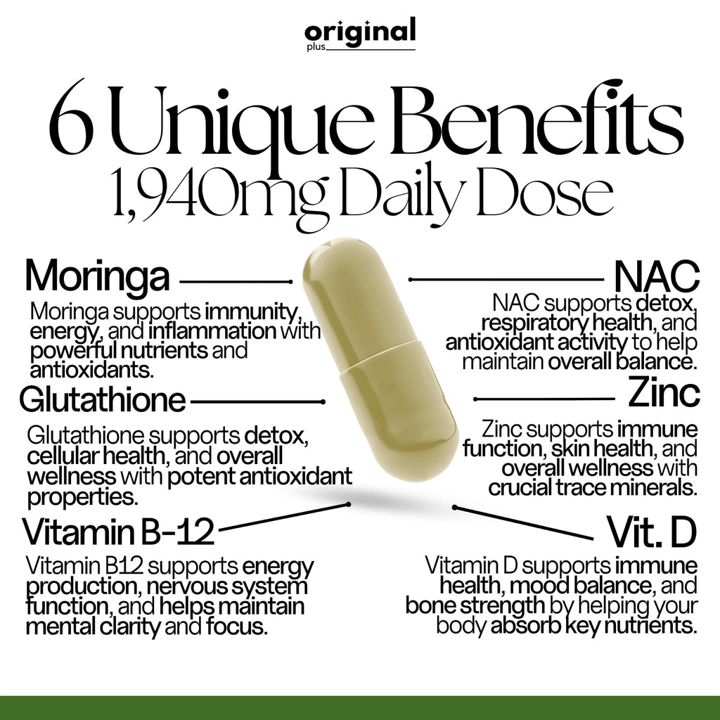 Original Plus 6-in-1 Pure Moringa with NAC, Glutathione, Zinc, Vitamin B-12, and Vitamin D | 1940mg Daily Supplement Dose | 120 Capsules 60 Day Supply