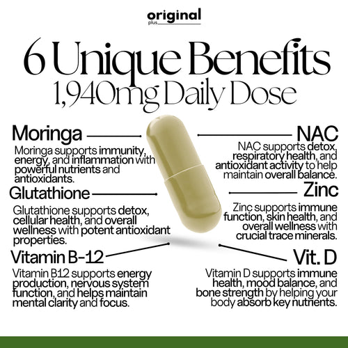 Original Plus 6-in-1 Pure Moringa with NAC, Glutathione, Zinc, Vitamin B-12, and Vitamin D | 1940mg Daily Supplement Dose | 120 Capsules 60 Day Supply