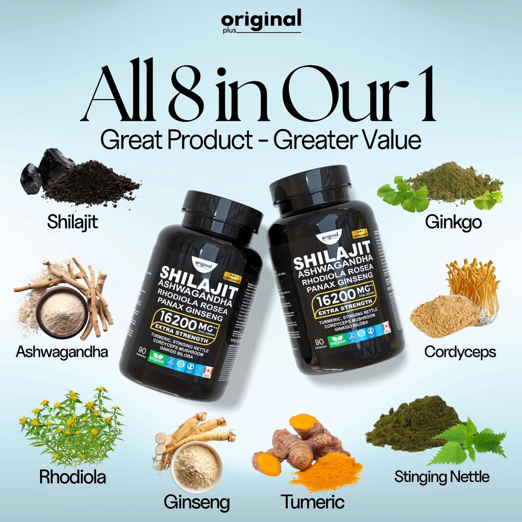 Original Plus I 120 Capsules I 8-in-1 Pure Himalayan Shilajit with Ashwagandha, Rhodiola Panax Ginseng, Cordyceps Mushroom, Gingko Biloba Stinging Nettle and Turmeric I Organic Supplement Blend for Men and Women I 16,200mg Daily Dose