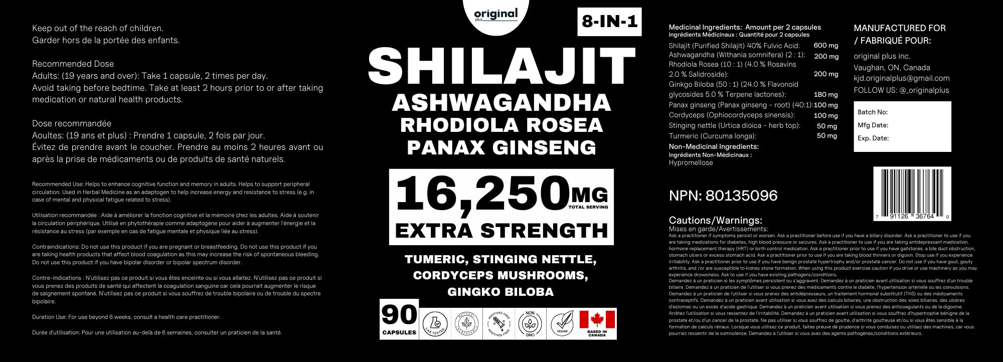 Original Plus I 120 Capsules I 8-in-1 Pure Himalayan Shilajit with Ashwagandha, Rhodiola Panax Ginseng, Cordyceps Mushroom, Gingko Biloba Stinging Nettle and Turmeric I Organic Supplement Blend for Men and Women I 16,200mg Daily Dose