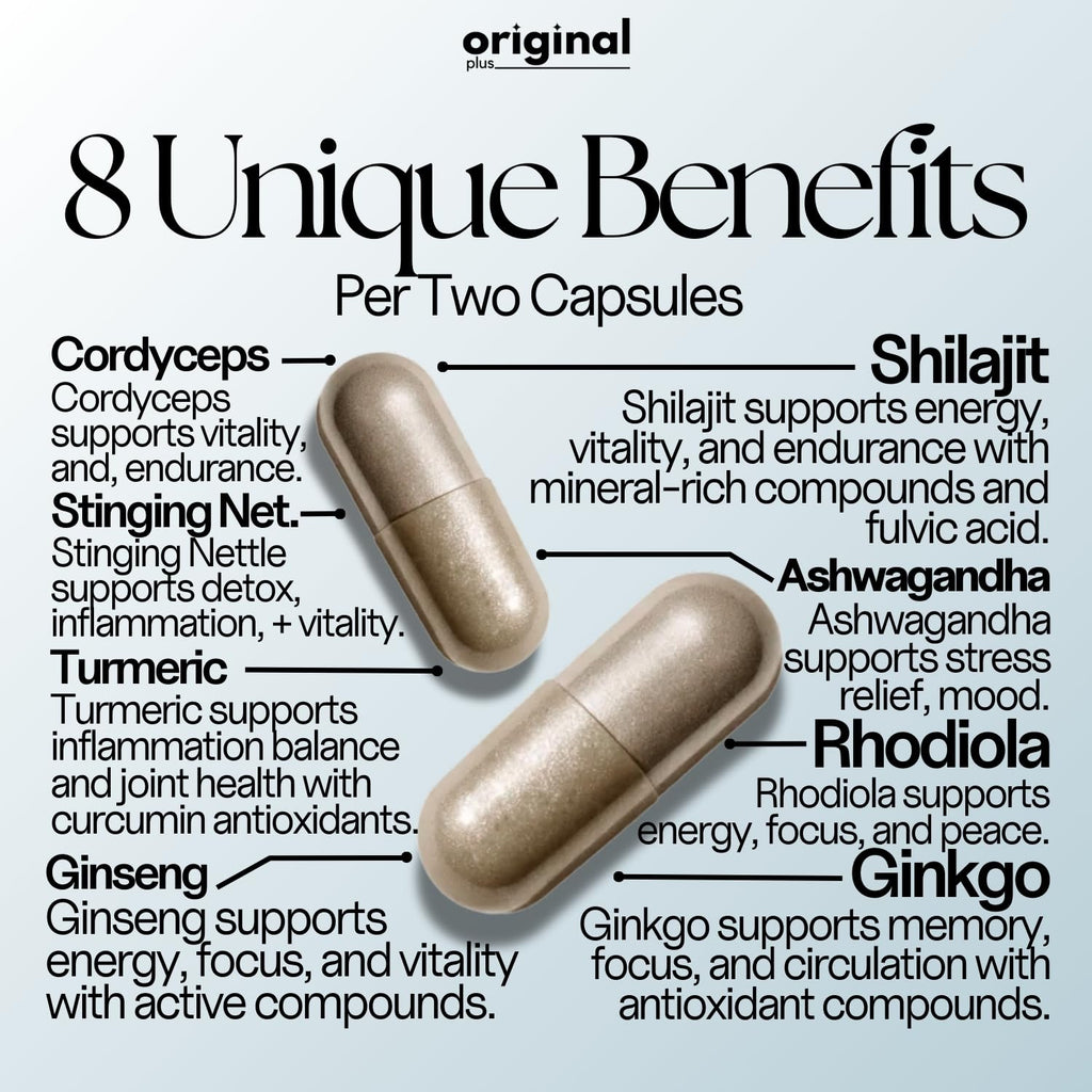 Original Plus I 120 Capsules I 8-in-1 Pure Himalayan Shilajit with Ashwagandha, Rhodiola Panax Ginseng, Cordyceps Mushroom, Gingko Biloba Stinging Nettle and Turmeric I Organic Supplement Blend for Men and Women I 16,200mg Daily Dose