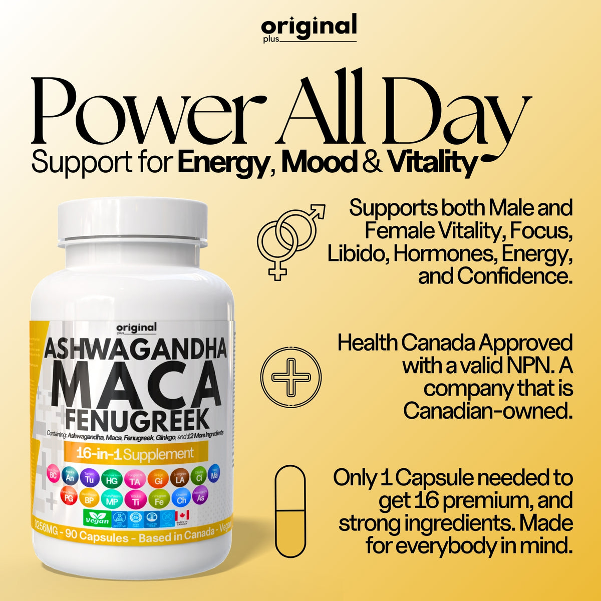 Original Plus 16-in-1 Ashwagandha, Maca, Fenugreek & Tongkat Ali Capsules for Men & Women | 9256mg High-Potency, Tribulus, Ginseng, Horny Goat Weed, | Endurance, Male/Female Vitality, Libido & Energy Support | 90 Day Supply |