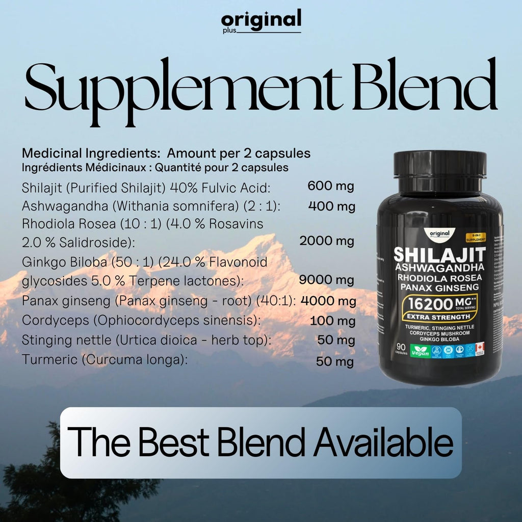 Original Plus I 120 Capsules I 8-in-1 Pure Himalayan Shilajit with Ashwagandha, Rhodiola Panax Ginseng, Cordyceps Mushroom, Gingko Biloba Stinging Nettle and Turmeric I Organic Supplement Blend for Men and Women I 16,200mg Daily Dose