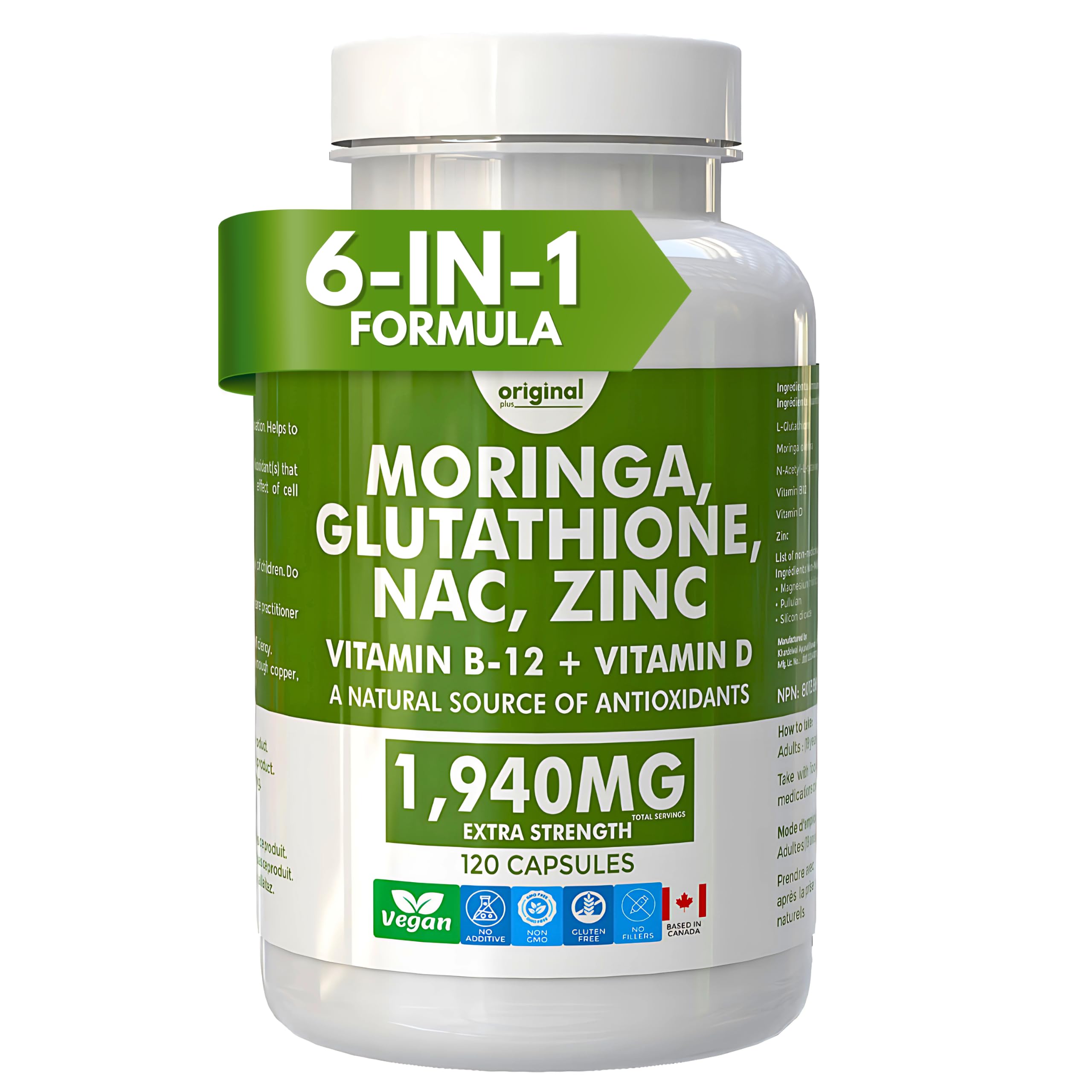 Original Plus 6-in-1 Pure Moringa with NAC, Glutathione, Zinc, Vitamin B-12, and Vitamin D | 1940mg Daily Supplement Dose | 120 Capsules 60 Day Supply