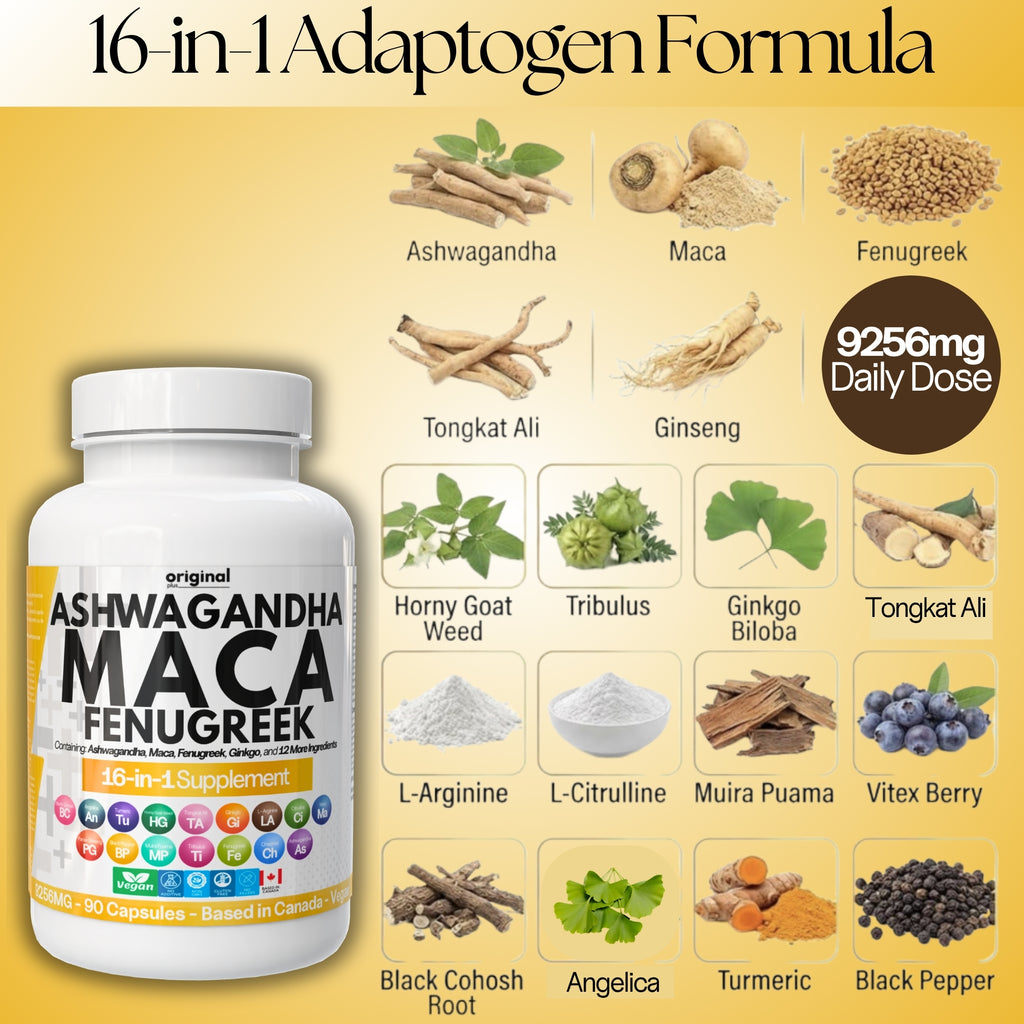Original Plus 16-in-1 Ashwagandha, Maca, Fenugreek & Tongkat Ali Capsules for Men & Women | 9256mg High-Potency, Tribulus, Ginseng, Horny Goat Weed, | Endurance, Male/Female Vitality, Libido & Energy Support | 90 Day Supply |