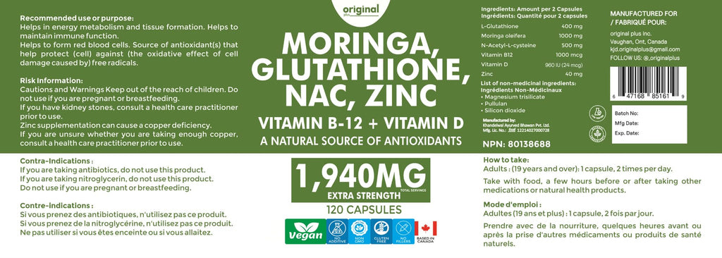 Original Plus 6-in-1 Pure Moringa with NAC, Glutathione, Zinc, Vitamin B-12, and Vitamin D | 1940mg Daily Supplement Dose | 120 Capsules 60 Day Supply