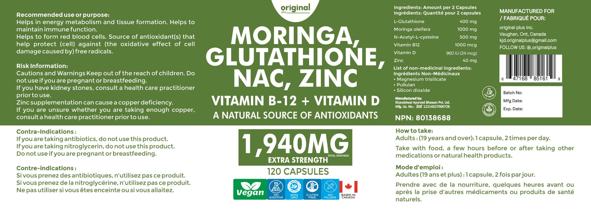 Original Plus 6-in-1 Pure Moringa with NAC, Glutathione, Zinc, Vitamin B-12, and Vitamin D | 1940mg Daily Supplement Dose | 120 Capsules 60 Day Supply
