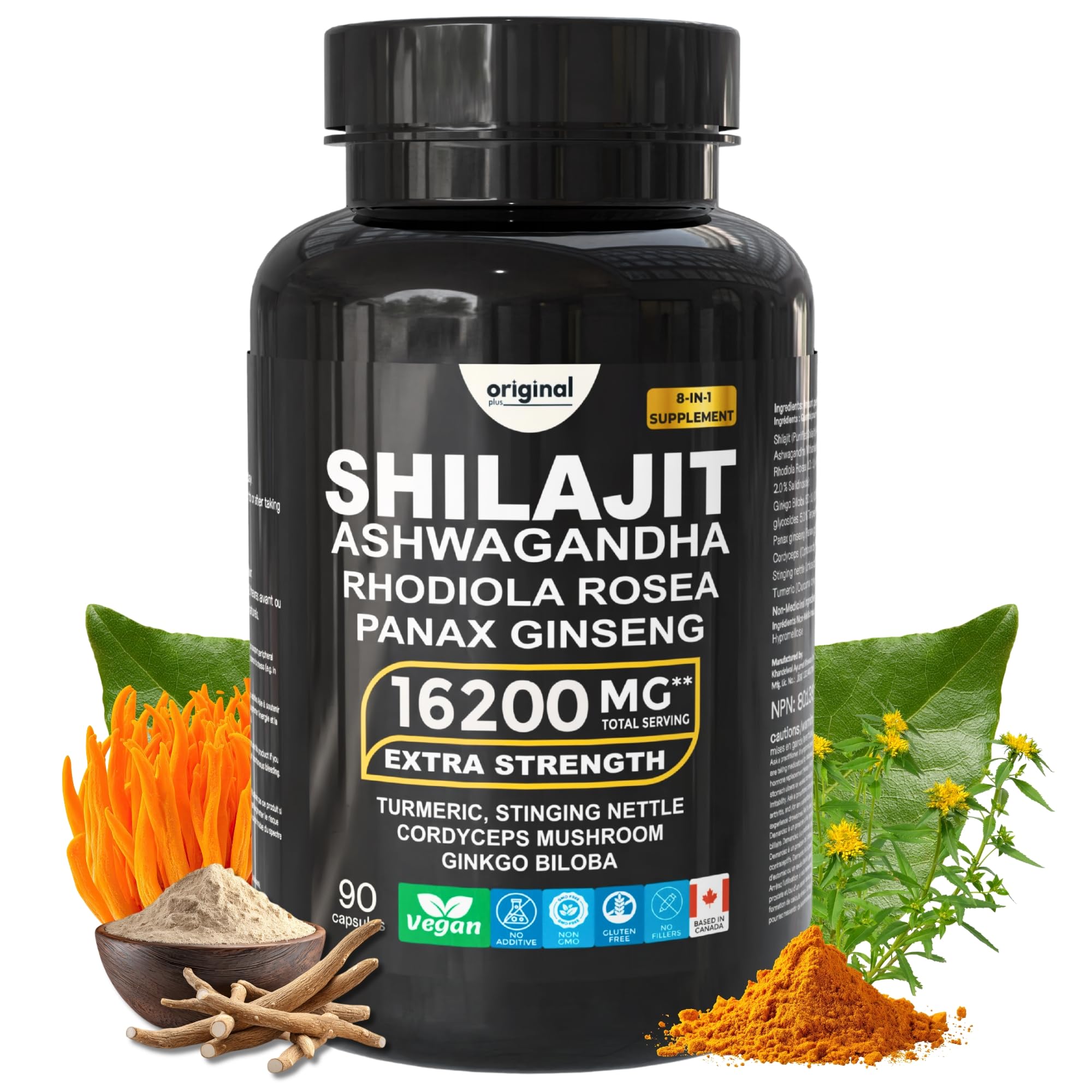 Original Plus I 120 Capsules I 8-in-1 Pure Himalayan Shilajit with Ashwagandha, Rhodiola Panax Ginseng, Cordyceps Mushroom, Gingko Biloba Stinging Nettle and Turmeric I Organic Supplement Blend for Men and Women I 16,200mg Daily Dose