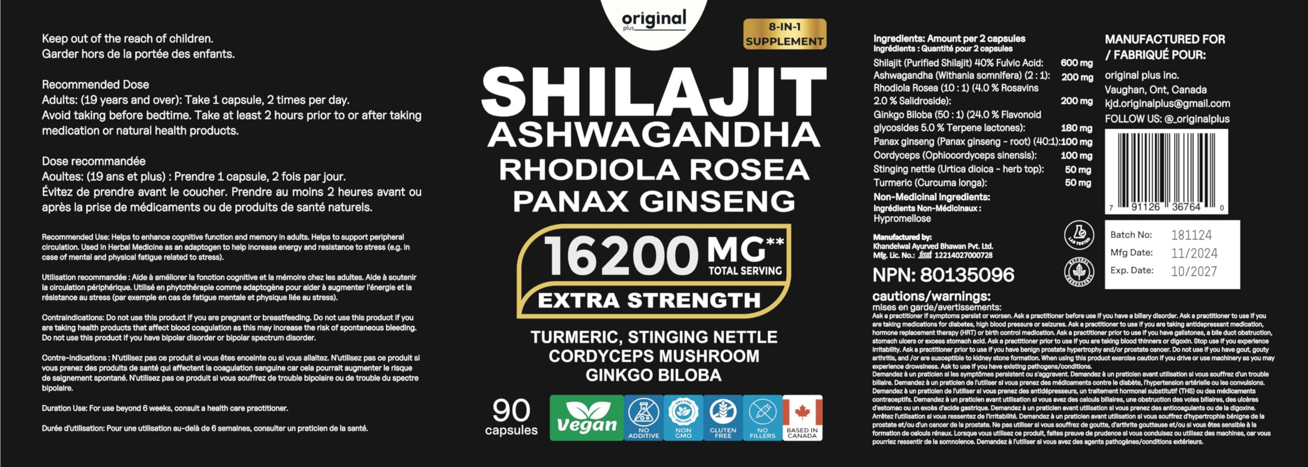 Original Plus I 120 Capsules I 8-in-1 Pure Himalayan Shilajit with Ashwagandha, Rhodiola Panax Ginseng, Cordyceps Mushroom, Gingko Biloba Stinging Nettle and Turmeric I Organic Supplement Blend for Men and Women I 16,200mg Daily Dose