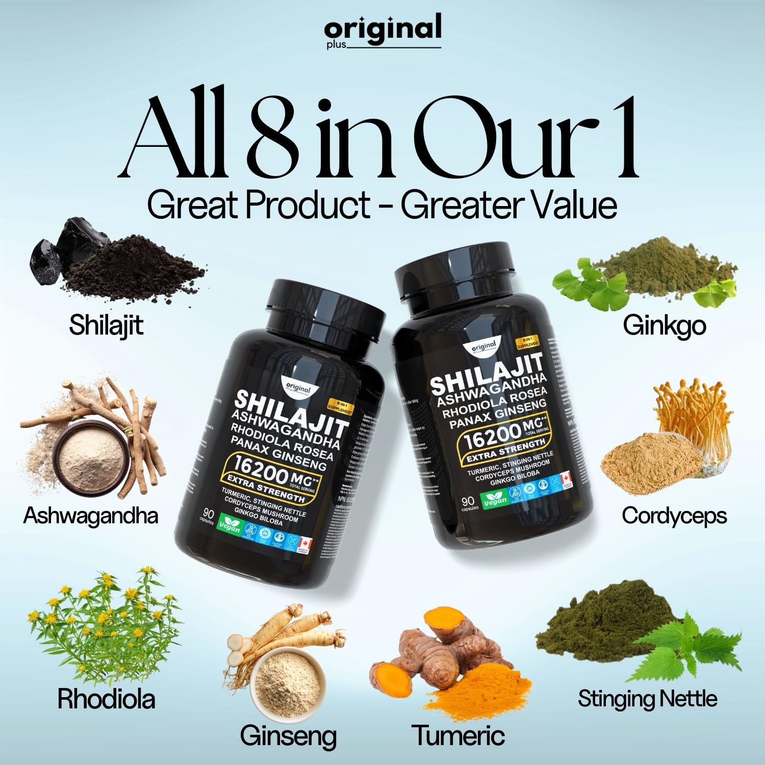 Original Plus I 120 Capsules I 8-in-1 Pure Himalayan Shilajit with Ashwagandha, Rhodiola Panax Ginseng, Cordyceps Mushroom, Gingko Biloba Stinging Nettle and Turmeric I Organic Supplement Blend for Men and Women I 16,200mg Daily Dose