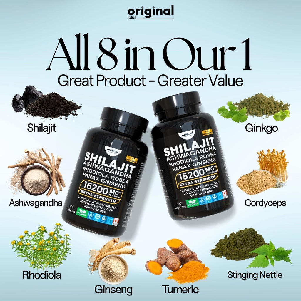 Original Plus I 120 Capsules I 8-in-1 Pure Himalayan Shilajit with Ashwagandha, Rhodiola Panax Ginseng, Cordyceps Mushroom, Gingko Biloba Stinging Nettle and Turmeric I Organic Supplement Blend for Men and Women I 16,200mg Daily Dose