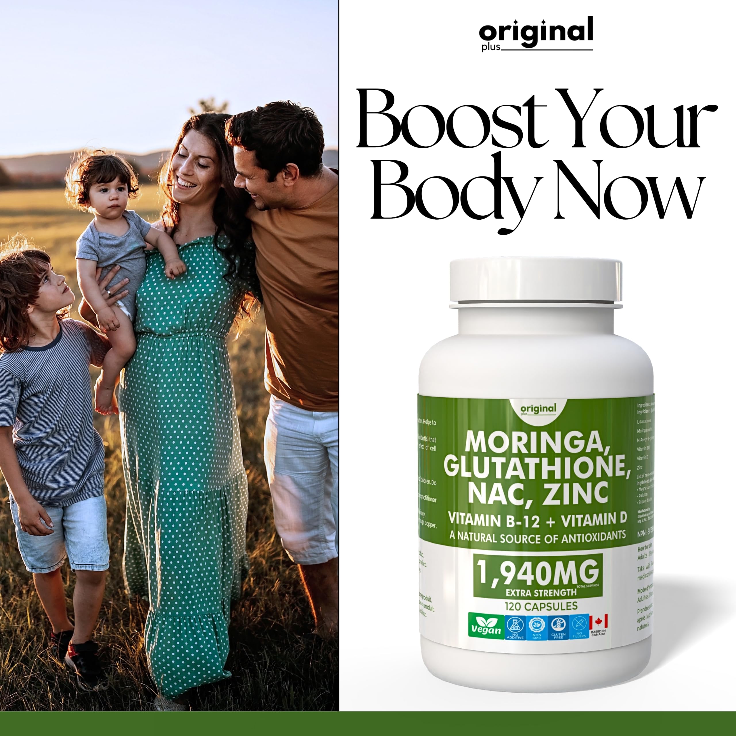 Original Plus 6-in-1 Pure Moringa with NAC, Glutathione, Zinc, Vitamin B-12, and Vitamin D | 1940mg Daily Supplement Dose | 120 Capsules 60 Day Supply