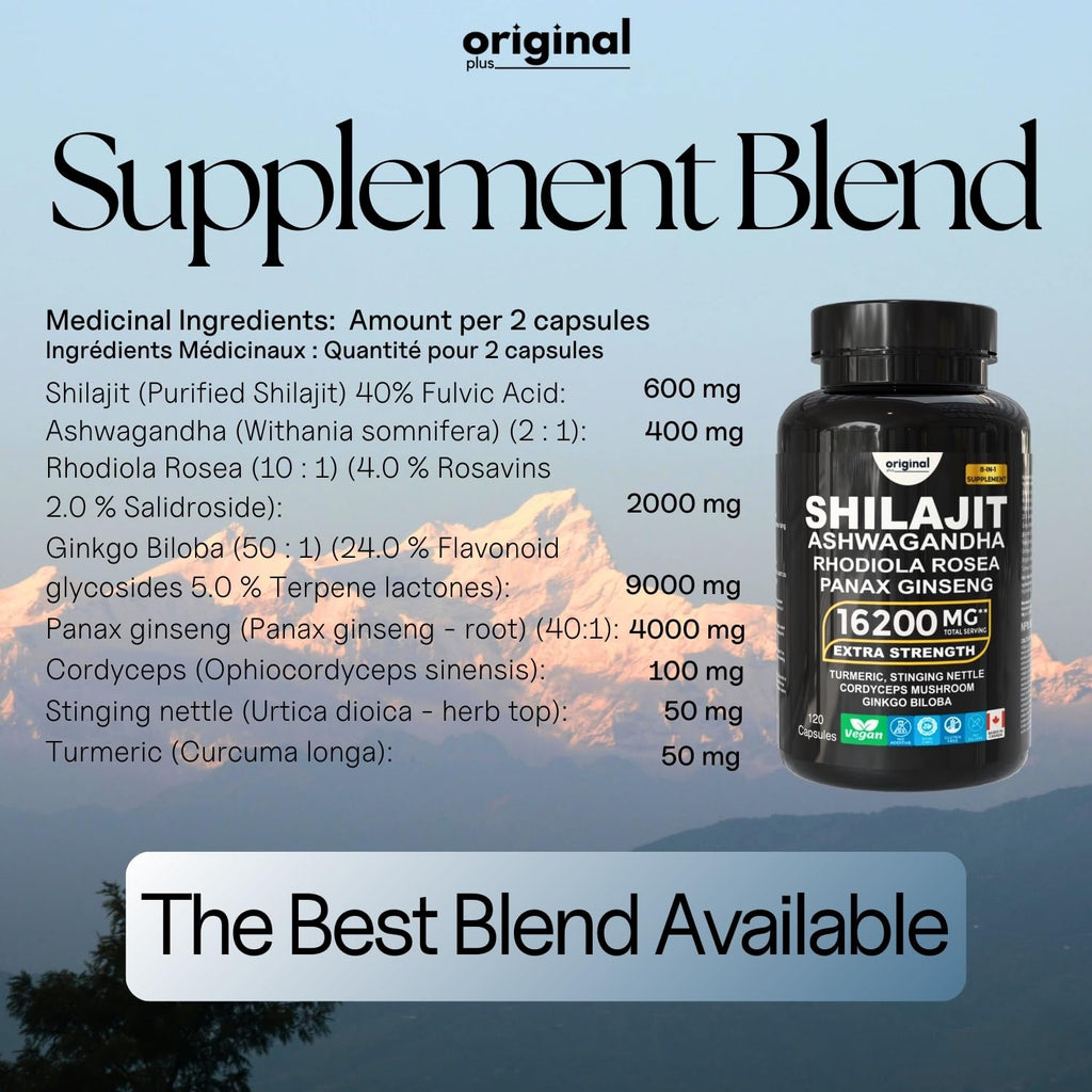 Original Plus I 120 Capsules I 8-in-1 Pure Himalayan Shilajit with Ashwagandha, Rhodiola Panax Ginseng, Cordyceps Mushroom, Gingko Biloba Stinging Nettle and Turmeric I Organic Supplement Blend for Men and Women I 16,200mg Daily Dose