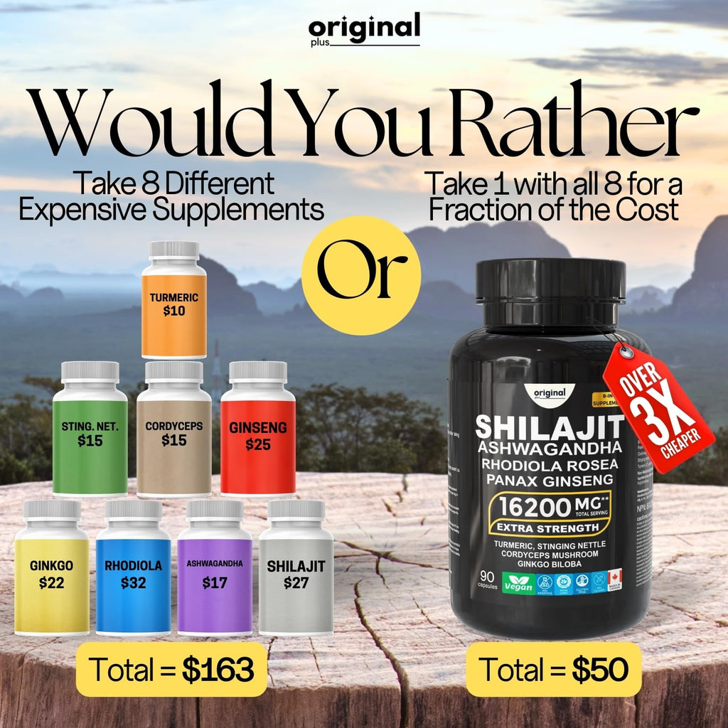 Original Plus I 120 Capsules I 8-in-1 Pure Himalayan Shilajit with Ashwagandha, Rhodiola Panax Ginseng, Cordyceps Mushroom, Gingko Biloba Stinging Nettle and Turmeric I Organic Supplement Blend for Men and Women I 16,200mg Daily Dose