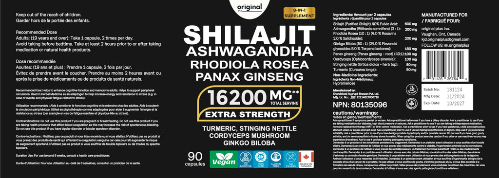 Original Plus I 120 Capsules I 8-in-1 Pure Himalayan Shilajit with Ashwagandha, Rhodiola Panax Ginseng, Cordyceps Mushroom, Gingko Biloba Stinging Nettle and Turmeric I Organic Supplement Blend for Men and Women I 16,200mg Daily Dose