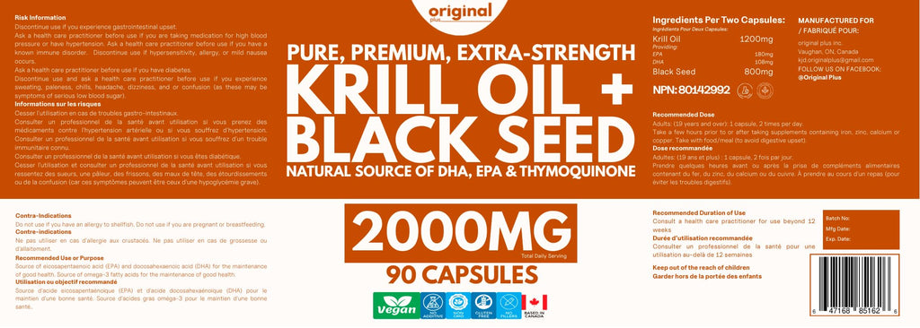 Krill Oil with Black Seed Oil | 2000 mg Daily Dosage | High-Absorption DHA & EPA Omega-3 | Pure, Premium, Extra Strength | 90 Capsules | Original Plus