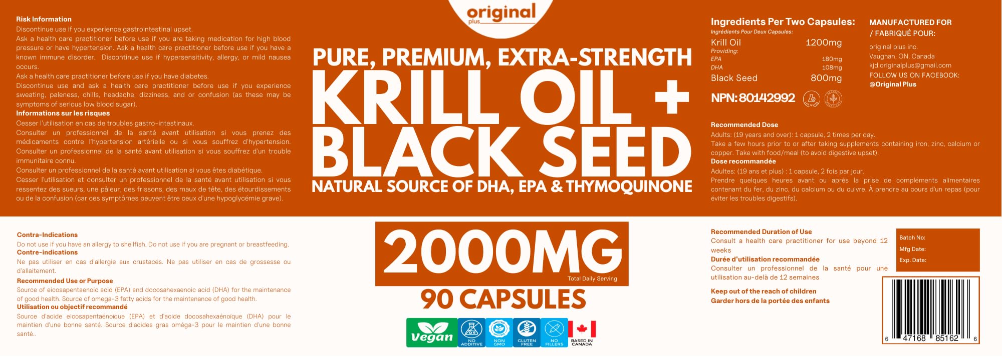 Krill Oil with Black Seed Oil | 2000 mg Daily Dosage | High-Absorption DHA & EPA Omega-3 | Pure, Premium, Extra Strength | 90 Capsules | Original Plus