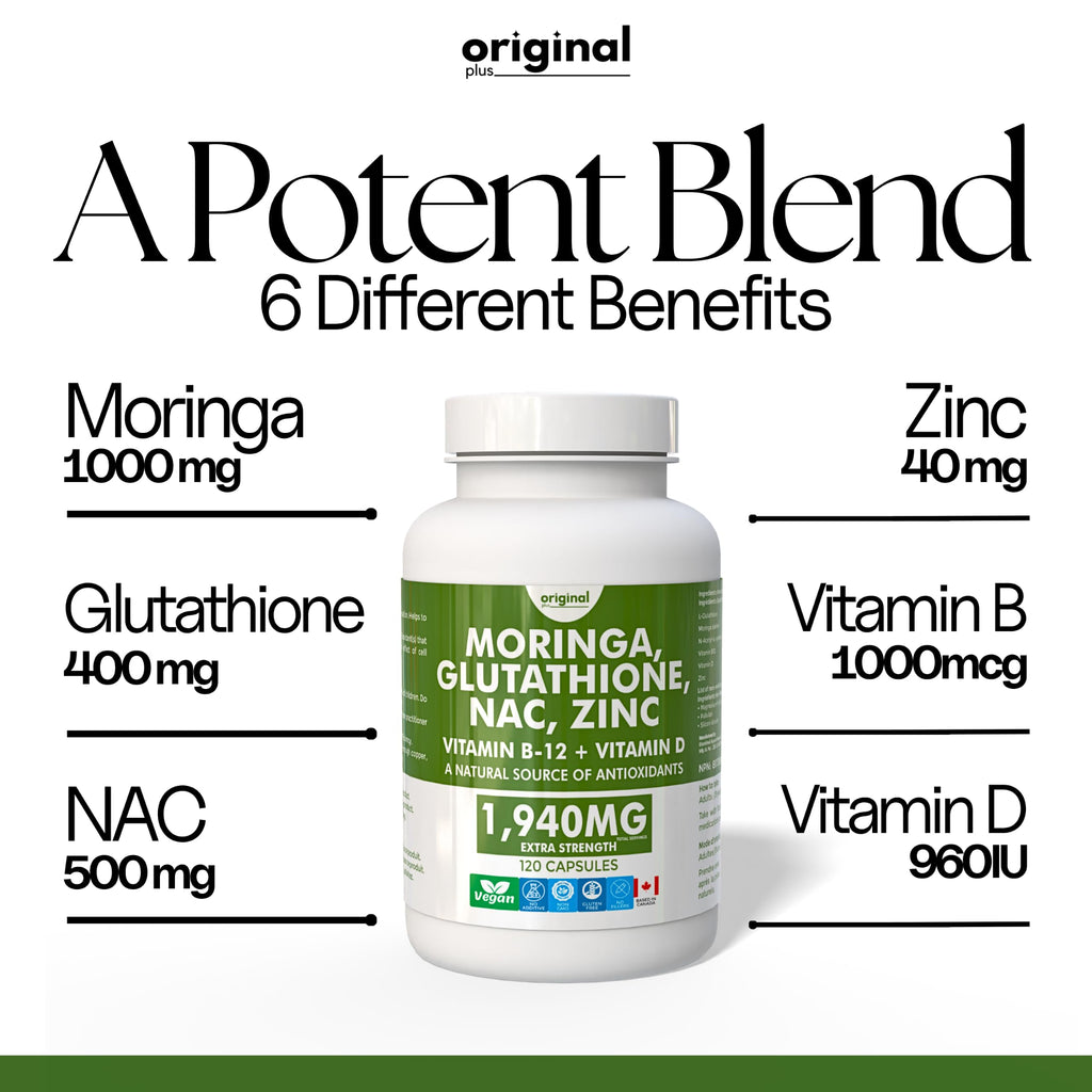 Original Plus 6-in-1 Pure Moringa with NAC, Glutathione, Zinc, Vitamin B-12, and Vitamin D | 1940mg Daily Supplement Dose | 120 Capsules 60 Day Supply