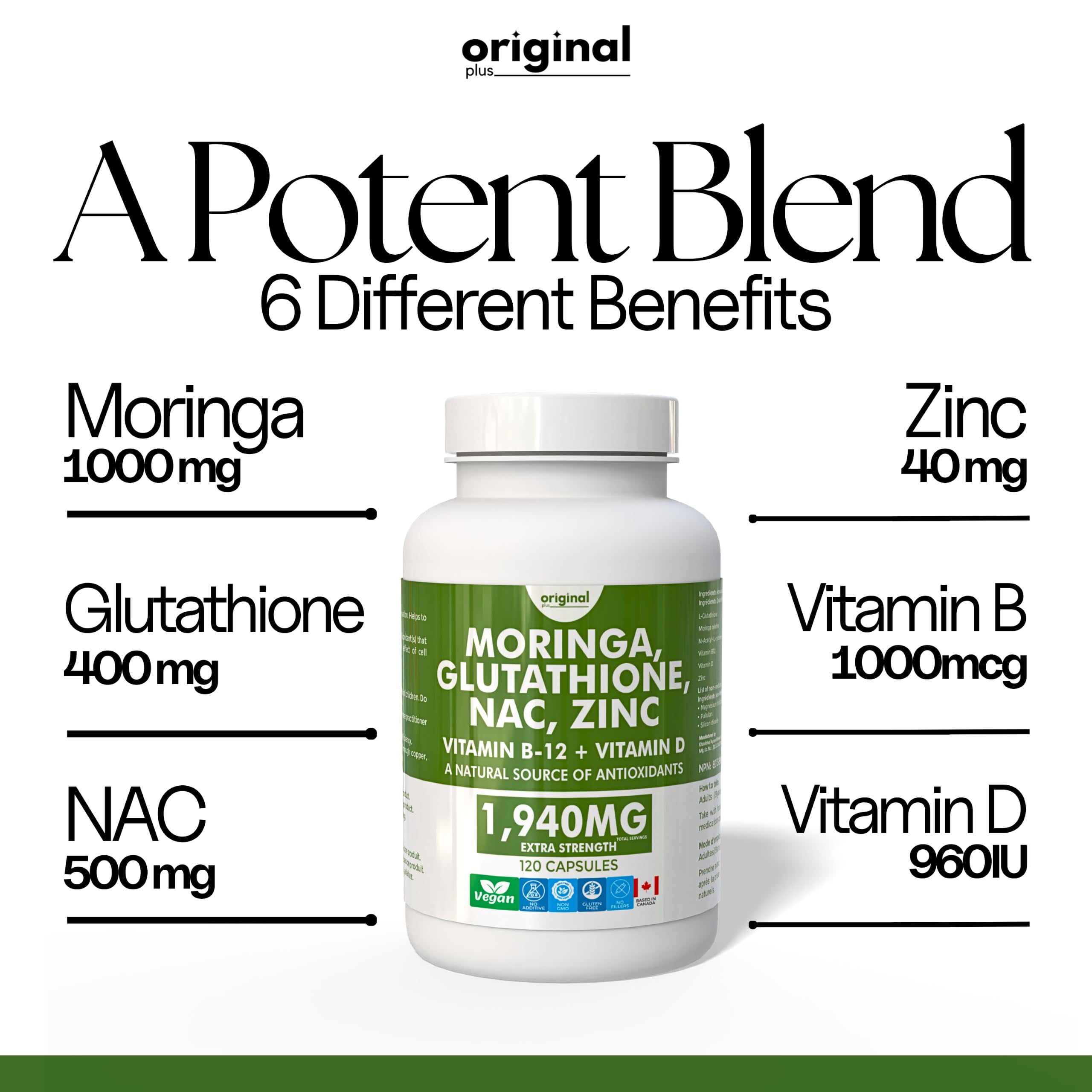 Original Plus 6-in-1 Pure Moringa with NAC, Glutathione, Zinc, Vitamin B-12, and Vitamin D | 1940mg Daily Supplement Dose | 120 Capsules 60 Day Supply