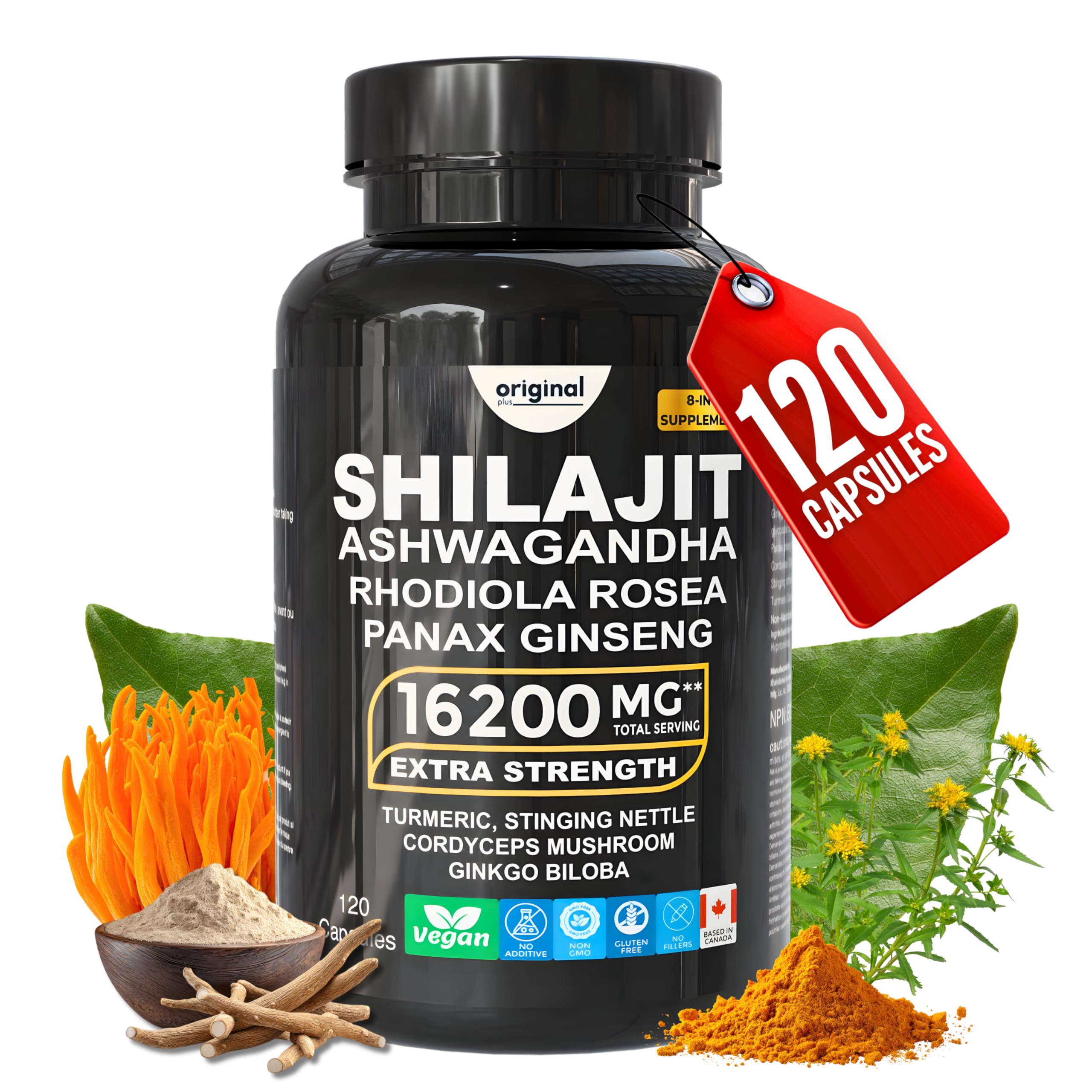 Original Plus I 120 Capsules I 8-in-1 Pure Himalayan Shilajit with Ashwagandha, Rhodiola Panax Ginseng, Cordyceps Mushroom, Gingko Biloba Stinging Nettle and Turmeric I Organic Supplement Blend for Men and Women I 16,200mg Daily Dose
