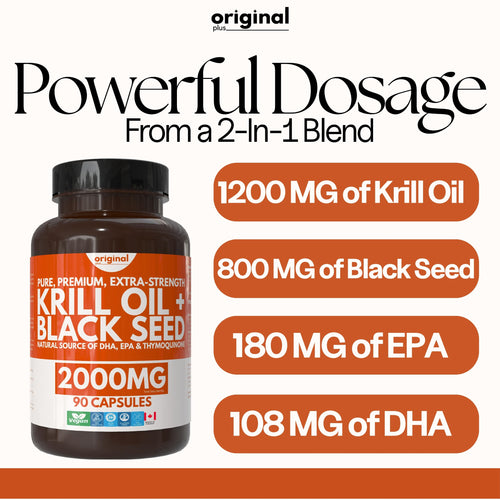 Krill Oil with Black Seed Oil | 2000 mg Daily Dosage | High-Absorption DHA & EPA Omega-3 | Pure, Premium, Extra Strength | 90 Capsules | Original Plus